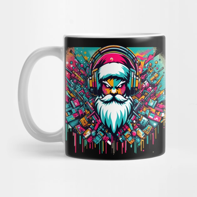 Santa Claus with headphones on his ears listening to music by T-Shirt Paradise